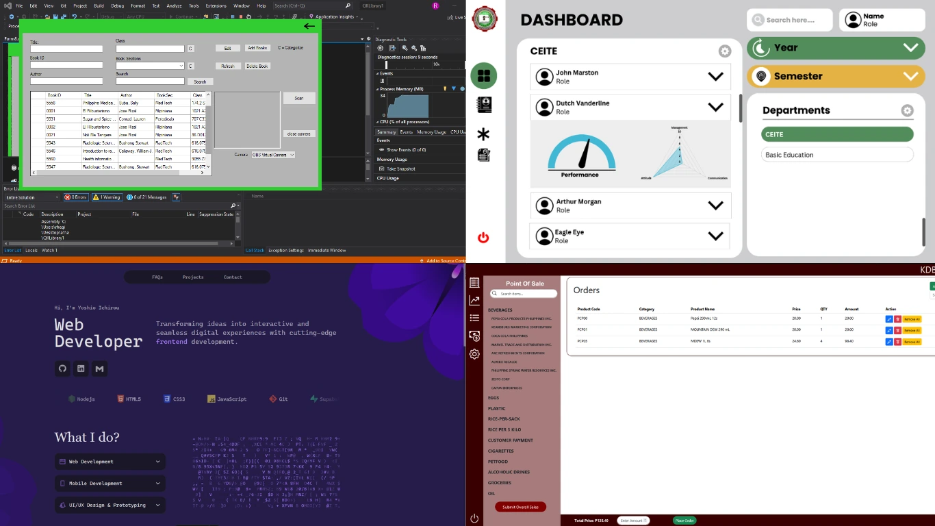 View of two website interfaces with modern and dark design. The first screen shows the title 'Behind the Code' with a rocket and dark background, explaining the origin of a community software project. The second screen presents a platform for finding speakers, with an attractive design, expert photos, and a prominent search button.